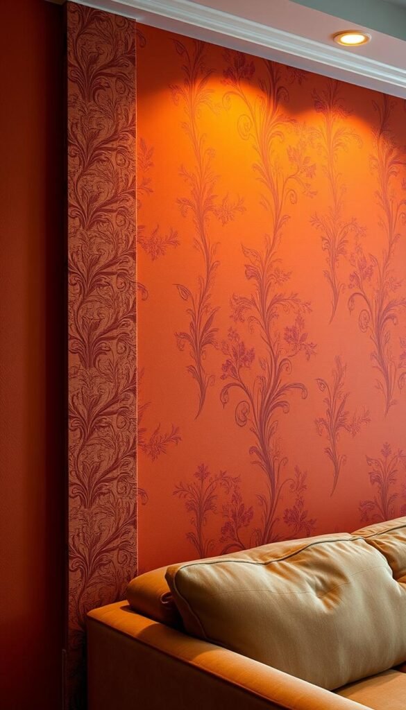 A cozy living room wall with a vibrant paint and wallpaper accent. Warm, soft lighting illuminates the textured surface, creating a inviting ambiance. The paint is a rich, earthy tone that complements the intricate floral wallpaper pattern. Subtle shadows and highlights add depth and dimension, making the wall appear three-dimensional. The overall composition is balanced, drawing the eye to the dynamic interplay of color and texture that transforms the blank space into a focal point of visual interest.