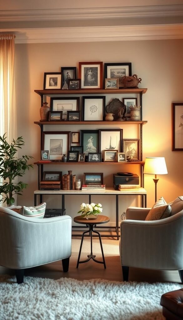 A cozy living room with a beautifully curated personal collection wall display. The centerpiece is a rustic wood and metal shelving unit, showcasing an eclectic mix of framed art, vintage trinkets, and travel souvenirs. Soft warm lighting filters through sheer curtains, casting a gentle glow on the arrangement. The walls are painted in a soothing neutral tone, allowing the displayed items to take center stage. In the foreground, a plush area rug and a pair of comfortable armchairs invite visitors to pause and admire the thoughtfully assembled collection. The overall atmosphere is one of refined elegance and personal charm, reflecting the homeowner's unique style and experiences.