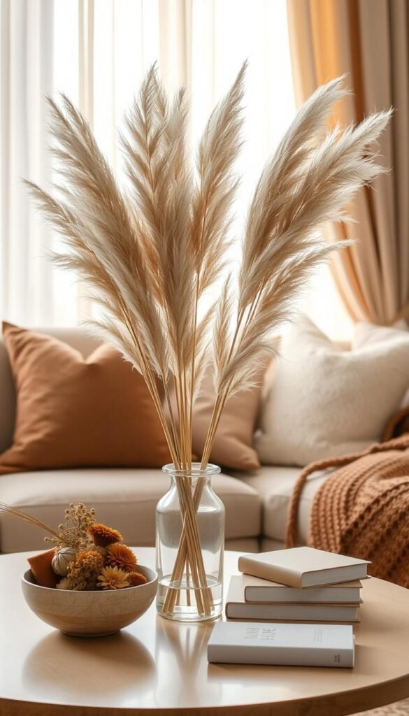 A cozy living room with a central focal point of pampas grass in a minimal vase. Surrounding the pampas are complementary decor pieces - a ceramic bowl with dried flowers, a woven basket, and a stack of neutral-toned coffee table books. Soft, warm lighting filters through sheer curtains, casting a gentle glow. The overall aesthetic is one of natural, understated elegance, with the pampas grass and accessories working in harmony to create a cohesive, visually appealing space.