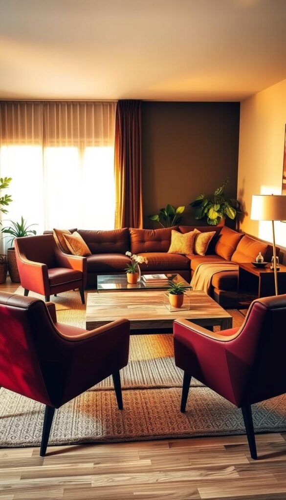 A cozy living room with a dark brown sectional sofa as the centerpiece. Soft, warm lighting bathes the space, casting a golden glow. In the foreground, a pair of complementary armchairs in a rich burgundy hue, their sleek, modern lines providing a striking contrast to the sofa's traditional silhouette. In the middle ground, a weathered wood coffee table, its rustic charm echoing the room's earthy color palette. A large, plush area rug in a complementary neutral tone grounds the space, while potted plants and a minimalist floor lamp add subtle pops of greenery and texture. The overall atmosphere is one of refined elegance and relaxed sophistication.