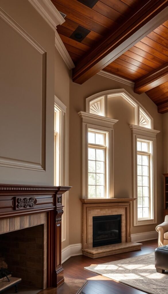 A cozy living room with a focus on millwork trim. The foreground features a well-crafted, ornate fireplace mantel with intricate molding and carved details. The middle ground showcases a pair of tall, floor-to-ceiling windows flanked by elegant, fluted trim that adds architectural interest. The background includes a vaulted ceiling with exposed wood beams and a neutral, earthy color palette to create a warm and inviting atmosphere. Natural lighting filters in through the windows, casting a soft, even glow throughout the space. The overall design aims to elevate the room's aesthetic with thoughtful millwork and attention to detail.