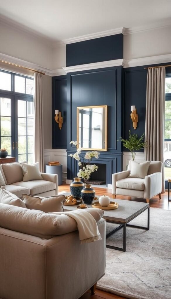 A cozy living room with a harmonious blend of navy and gold accents, balanced by soothing neutral tones. In the foreground, a plush beige sofa and armchair provide a serene foundation. Atop a neutral-toned rug, a low-profile coffee table showcases a tasteful arrangement of gold-rimmed trays and vases. The middle ground features a stately navy blue accent wall, complemented by gilded wall sconces that cast a warm, inviting glow. In the background, a large window allows natural light to pour in, illuminating the space and creating an airy, calming ambiance. The overall scene evokes a refined, balanced aesthetic that elegantly combines the drama of navy and gold with the tranquility of neutral hues.