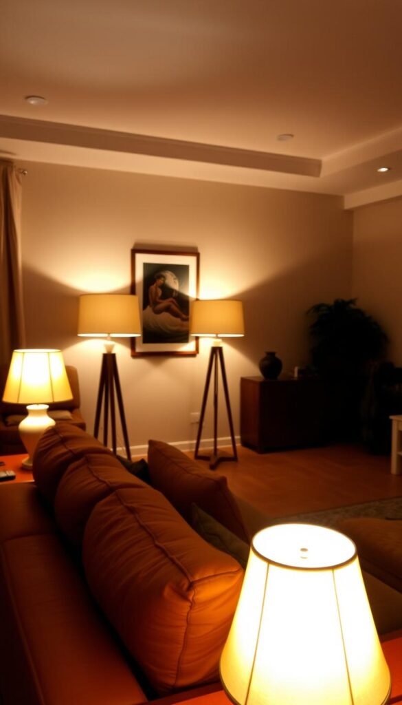 A cozy living room with a layered lighting setup that creates a warm, inviting ambiance. In the foreground, a cognac leather sofa bathed in a soft, golden glow from a pair of table lamps with linen shades. The middle ground features a pair of floor lamps with adjustable brightness, casting a gentle, diffused light across the room. In the background, a recessed ceiling lighting system casts a subtle, ambient illumination, accentuating the textures of the walls and the artwork displayed. The overall lighting scheme is balanced, with each layer complementing the others to create a harmonious and visually appealing living space.