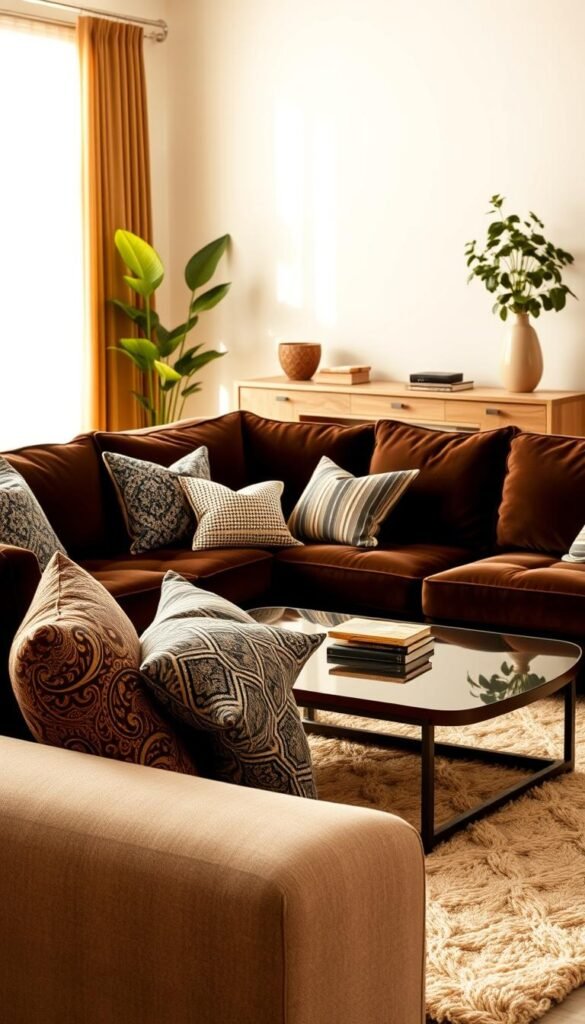 A cozy living room with a plush, dark brown sectional sofa takes center stage, bathed in warm, golden lighting. In the foreground, an artful display of meticulously curated throw pillows showcases a harmonious blend of patterns - intricate paisley, subtly striped, and a touch of geometric - effortlessly complementing the sofa's rich hue. The middle ground features a sleek, polished coffee table, its surface adorned with a lush, textured area rug, further enhancing the room's inviting ambiance. In the background, a pair of tall, leafy potted plants flank a minimalist, wooden console table, adding a touch of natural elegance to the space.
