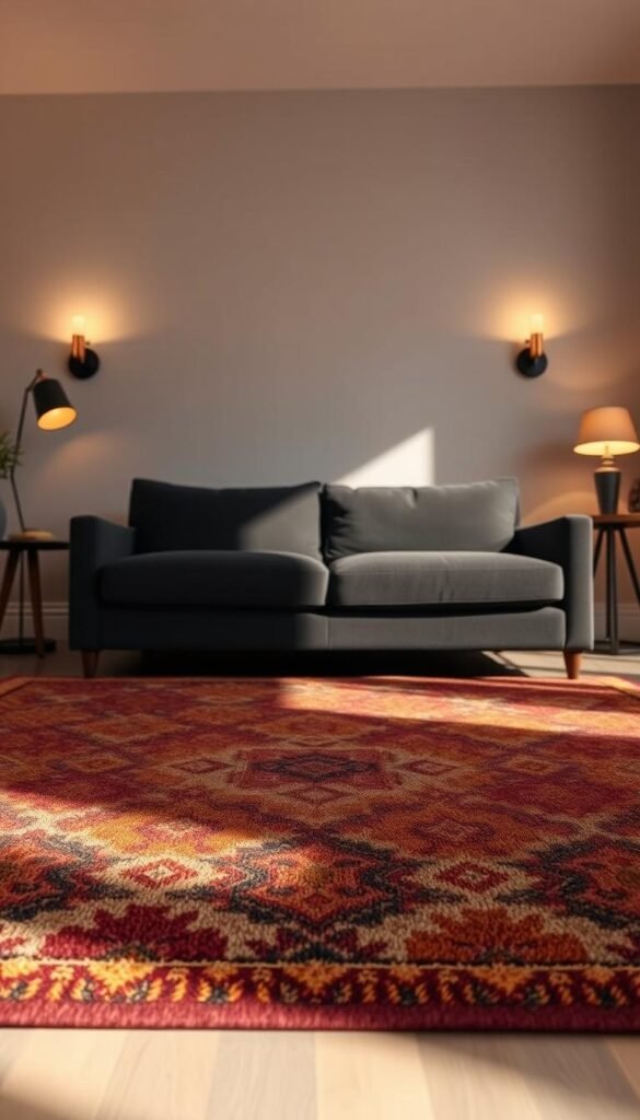 A cozy living room with a plush dark sofa anchoring the space. In the foreground, a stylish area rug in earthy tones - deep browns, rich reds, and warm neutrals - lends a grounded, sophisticated feel. The rug's intricate pattern adds visual interest and helps define the seating area. Soft, indirect lighting from floor lamps and wall sconces casts a warm, inviting glow, creating a tranquil atmosphere. In the background, a neutral-toned wall provides a calming backdrop, allowing the textural rug and sleek sofa to take center stage. The overall scene exudes a sense of refined comfort, perfectly suited to anchor this bold, modern living space.
