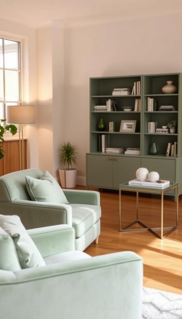 A cozy living room with a serene sage green accent furniture and storage arrangement. In the foreground, a plush sage green velvet armchair and a sleek sage green console table with minimal decorative accents. In the middle, a sage green bookshelf or cabinet with neatly organized books and decor pieces. Warm, diffused lighting from a floor lamp and natural light filtering through large windows, creating a calming, inviting atmosphere. The background features neutral-toned walls and hardwood floors, complementing the sage green elements. The overall scene exudes a sense of tranquility and thoughtful, refined styling.