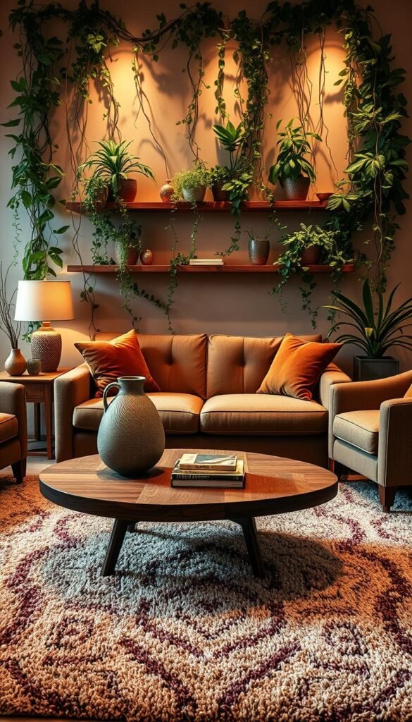 A cozy living room with a visually captivating layered decor. In the foreground, a plush, textured rug in earthy tones anchors the space, inviting one to sink in and relax. Atop it, a wooden coffee table with a weathered finish, its surface adorned with a sculptural ceramic vase and a stack of artful books. The middle ground features an elegant sofa upholstered in a luxurious, nubby fabric, complemented by a pair of armchairs in a complementary earthy hue. Trailing vines and lush potted plants cascade from floating shelves, creating a verdant, nature-inspired backdrop. Warm, directional lighting casts a soft, golden glow, enhancing the depth and tactility of the layered textures. The overall atmosphere is one of grounded comfort and inviting warmth. A cozy living room with a visually captivating layered decor. In the foreground, a plush, textured rug in earthy tones anchors the space, inviting one to sink in and relax. Atop it, a wooden coffee table with a weathered finish, its surface adorned with a sculptural ceramic vase and a stack of artful books. The middle ground features an elegant sofa upholstered in a luxurious, nubby fabric, complemented by a pair of armchairs in a complementary earthy hue. Trailing vines and lush potted plants cascade from floating shelves, creating a verdant, nature-inspired backdrop. Warm, directional lighting casts a soft, golden glow, enhancing the depth and tactility of the layered textures. The overall atmosphere is one of grounded comfort and inviting warmth.