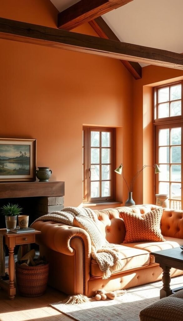 A cozy living room with a warm, inviting color palette. The walls are painted in a soft, earthy tone, with hints of ochre and terracotta that create a comforting ambiance. The natural light filters in through large windows, casting a gentle glow across the space. Plush textiles, such as a deep-tufted sofa and chunky knit throws, add layers of texture and depth. Rustic wood accents, like a weathered side table and a framed landscape painting, contribute to the charming, cottage-like atmosphere. The overall effect is a harmonious, soothing space that exudes English country living room decor with cozy cottage charm.