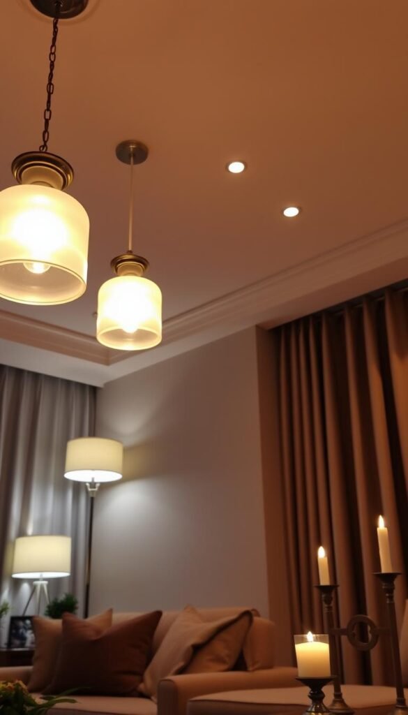 A cozy living room with a warm, inviting glow. Layered lighting fixtures cast soft, diffused illumination from various angles. Pendant lights hang elegantly, their delicate glass shades emitting a gentle radiance. Floor lamps with dimmers stand tall, their light pools creating intimate pockets of ambiance. Recessed ceiling lights bathe the space in a subtle, uniform brightness. Candlesticks flicker on side tables, their flickering flames adding a touch of coziness. The overall effect is a harmonious, multi-dimensional lighting design that creates a soothing, comfortable atmosphere.