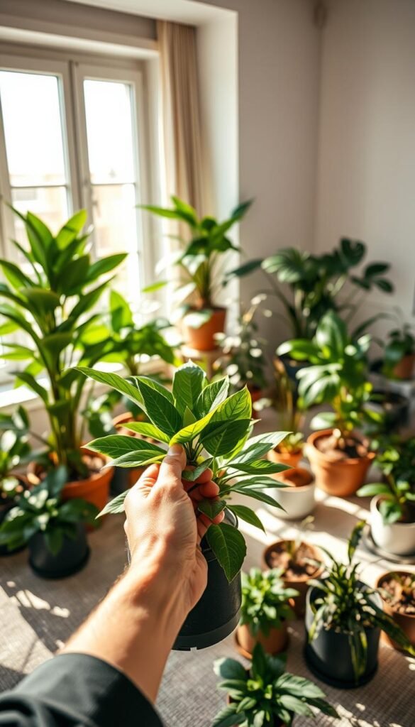 A cozy living room with an abundance of lush, verdant indoor plants meticulously arranged for maximum visual impact. In the foreground, a hand delicately inspects the leaves of a flourishing potted plant, evaluating its health and suitability for the space. The middle ground showcases a variety of potted plants, each with distinctive foliage and textures, strategically placed to create a harmonious indoor garden. Warm, natural lighting filters in through large windows, illuminating the scene and casting soft shadows that add depth and dimension. The background features a minimalist, contemporary interior design, allowing the plants to take center stage and become the focal point of the composition. The overall mood is one of serenity, tranquility, and a deep appreciation for the beauty of nature within the confines of the home.