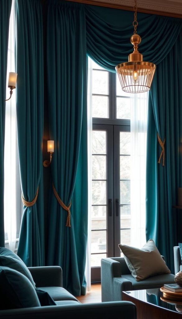 A cozy living room with lush teal curtains, their folds cascading gracefully, accentuated by shimmering gold tiebacks that subtly draw the eye. The curtains frame a large window, allowing natural light to filter in, casting a warm, inviting glow throughout the space. The room's furnishings, in complementary hues, create a harmonious and visually striking scene. Soft, indirect lighting from wall sconces and a central pendant fixture contribute to the room's tranquil ambiance, capturing the essence of a refined, yet comfortable living space.