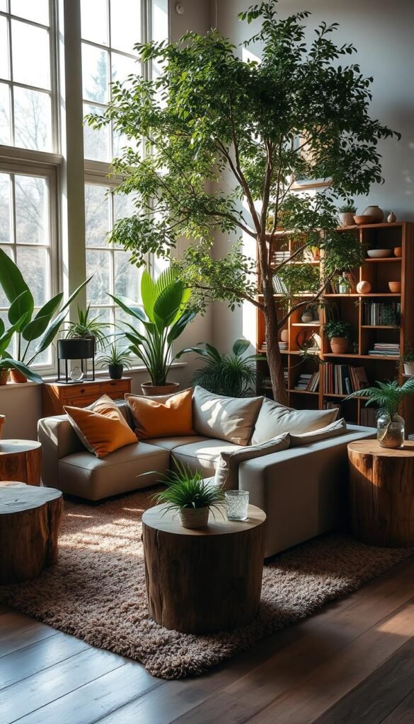 A cozy living room with natural elements, sunlight streaming through large windows, illuminating a mix of lush potted plants and wooden furniture. A low, L-shaped sectional sofa sits atop a plush, earthy-toned rug, flanked by end tables made of weathered wood. In the background, a towering, verdant indoor tree stands beside a bookshelf filled with natural accents. The room has a warm, inviting atmosphere, with soft, ambient lighting casting a gentle glow over the scene. The overall composition evokes a sense of harmony between the natural and the domestic.