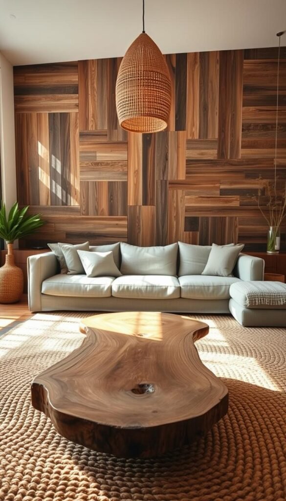 A cozy living room with natural textures and materials. In the foreground, a plush, earthy-toned area rug with intricate woven patterns. Placed atop it, a low, wooden coffee table with a smooth, knotty surface. In the middle ground, a large, linen-upholstered sofa with soft, nubby cushions. Behind it, a feature wall clad in rustic, weathered wood panels, creating a warm, textural backdrop. Overhead, a simple pendant light fixture with a woven rattan shade casts a gentle, ambient glow. Sunlight filters in through large windows, highlighting the natural grains and tones of the materials. An atmosphere of organic, understated elegance pervades the space.