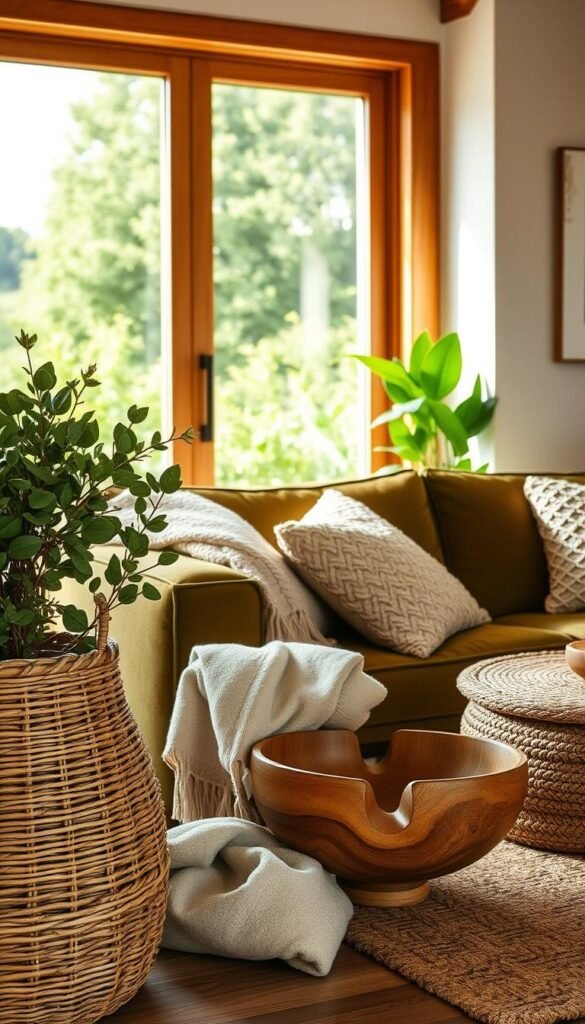 A cozy living space bathed in warm, natural lighting. The foreground features a collection of earthy textures - a woven rattan basket, a soft linen throw, and a hand-carved wooden bowl filled with fresh foliage. The middle ground showcases a plush olive green velvet sofa, accented by a chunky knit pillow and a nubby jute rug underfoot. In the background, a large window frames a lush, verdant landscape, creating a seamless transition between the indoor and outdoor spaces. The overall atmosphere is one of tranquility and understated elegance, reflecting the harmonious blend of natural materials and tones.
