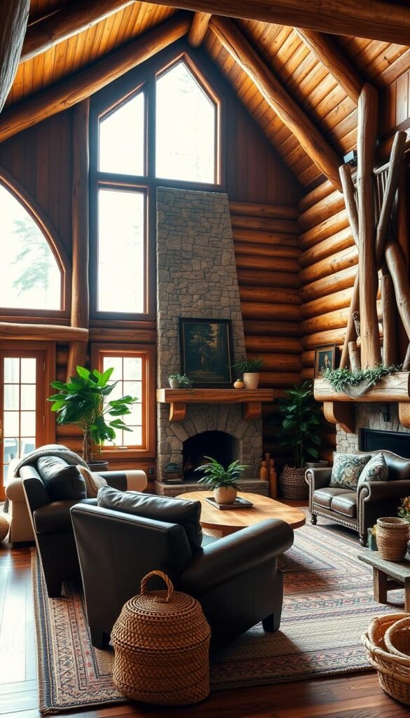 A cozy log cabin living room bathed in warm, natural light filtering through a large window. Rustic wooden beams and paneling frame the space, complemented by intricate carved details on the fireplace mantel and custom-built furniture. Plush leather armchairs and a woven area rug create an inviting seating arrangement, while a wooden coffee table showcases natural wood grain. Lush potted plants and woven textiles add organic accents, reflecting the cabin's authentic, earthy aesthetic. The room exudes a sense of timeless charm and serene tranquility. A cozy log cabin living room bathed in warm, natural light filtering through a large window. Rustic wooden beams and paneling frame the space, complemented by intricate carved details on the fireplace mantel and custom-built furniture. Plush leather armchairs and a woven area rug create an inviting seating arrangement, while a wooden coffee table showcases natural wood grain. Lush potted plants and woven textiles add organic accents, reflecting the cabin's authentic, earthy aesthetic. The room exudes a sense of timeless charm and serene tranquility.