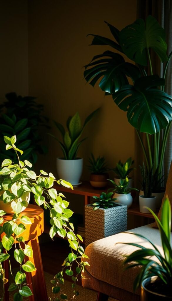 A cozy, low-lit living room with a variety of thriving indoor plants softly illuminated by warm, diffused light. In the foreground, a lush, cascading pothos plant spills over the edge of a mid-century modern side table. In the middle ground, a tall, leafy snake plant stands proudly in a minimalist ceramic pot, while a row of compact ZZ plants add pops of rich green on a bookshelf. The background features a large, tranquil monstera plant, its broad leaves gently swaying in the gentle breeze. The overall scene exudes a sense of tranquility and natural harmony, perfect for a dimly lit, nature-inspired living space.