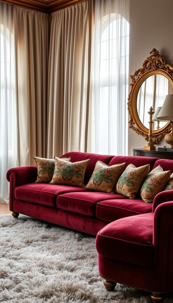 A cozy luxury living room with a plush, velvet sofa in a rich burgundy hue. Intricate embroidered throw pillows in shades of gold and emerald adorn the sofa, creating a warm, inviting ambiance. In the foreground, a lush, hand-woven area rug in a subtle paisley pattern grounds the space. Elegant draperies in a shimmering, ivory silk cascade from floor-to-ceiling windows, filtering in soft, natural light. Decorative accent pieces, such as an ornate, gold-framed mirror and a vintage, brass floor lamp, add a touch of refined opulence. The overall atmosphere is one of intimate luxury, perfect for a tranquil and indulgent retreat.