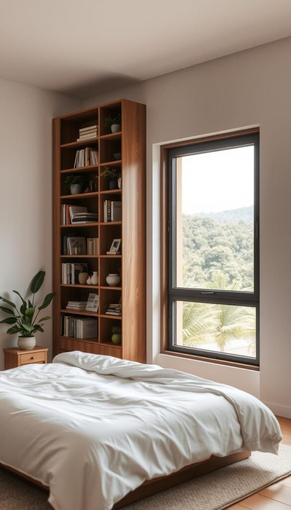 A cozy, minimalist bedroom with maximized vertical space. In the foreground, a tall, wooden shelving unit with neatly arranged books, plants, and decorative accents. The middle ground showcases a simple, low-profile bed frame with clean white linens and a few throw pillows. The background features a large, floor-to-ceiling window, letting in natural light and offering a serene view of a lush, green landscape. The overall mood is one of tranquility and efficient organization, with a warm, earthy color palette and soft, diffused lighting creating a peaceful atmosphere.