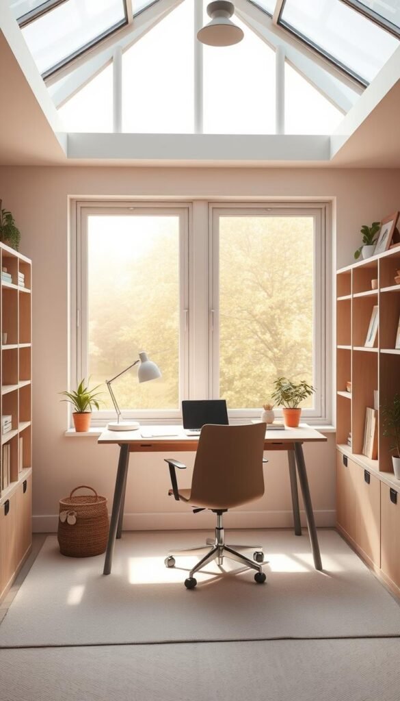 A cozy, minimalist study nook designed for laser-focused learning. A bright, airy room with large windows allowing ample natural light to stream in, casting a warm, ambient glow. A simple, uncluttered wooden desk sits in the center, paired with an ergonomic chair. The desk surface is clear, save for a few essential study materials - a laptop, a notepad, and a desk lamp providing soft, glare-free illumination. Neutral, earthy tones create a calming atmosphere, while strategic shelving and storage keep distractions at bay. Potted plants and tasteful artwork add subtle pops of color, inspiring creativity without overwhelming the senses. This serene, distraction-free study zone is the perfect haven for young minds to thrive.