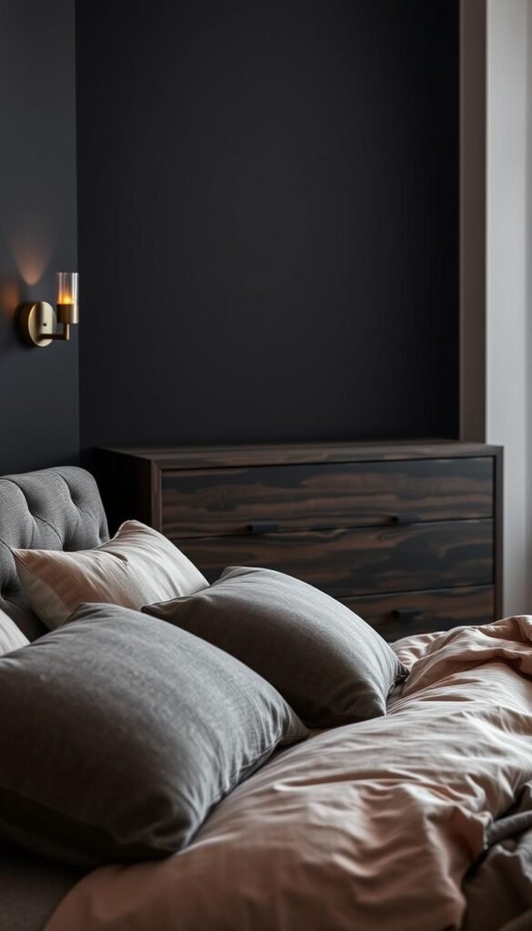 A cozy, modern bedroom showcasing a rich, textured design. In the foreground, a plush, tufted charcoal gray headboard extends across the width of the frame, its intricate stitching adding depth and visual interest. Layered upon it are luxurious, muted-tone bedding and pillows, their soft, inviting fabrics complementing the headboard's rugged texture. In the middle ground, a sleek, low-profile dresser in a dark, weathered wood finish stands as a sturdy, grounding presence. The dresser's drawers and hardware feature subtly grained surfaces, echoing the textural theme. Soft, indirect lighting from sconces mounted on the wall behind the headboard casts a warm, atmospheric glow, creating shadows that accentuate the room's dimensional qualities. The background showcases a matte black accent wall, its surface slightly irregular, adding a sense of depth and tactility to the overall design.