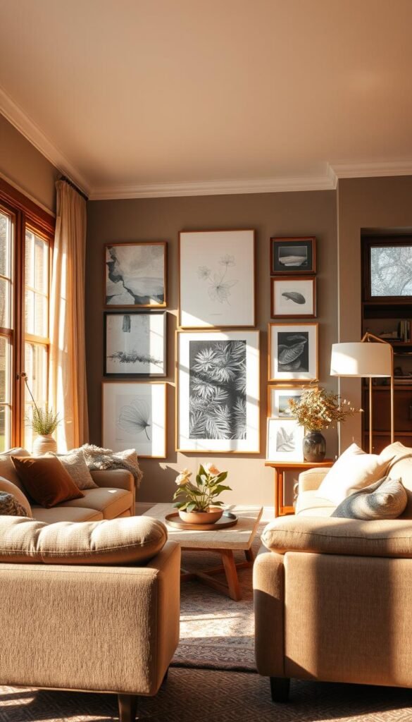 A cozy modern classic living room, bathed in warm afternoon light filtering through large windows. In the center, a curated arrangement of framed artworks in various mediums and styles - abstract expressionist canvases, delicate line drawings, and a striking black and white photography piece - creates a visually captivating focal point. Plush textured furnishings in earthy tones and rich wood accents blend harmoniously, while a mid-century inspired floor lamp casts a soft glow across the scene. The overall atmosphere exudes an elegant, timeless ambiance that seamlessly bridges the classic and contemporary.