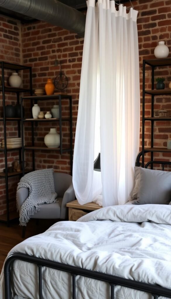 A cozy, modern industrial bedroom with soft, inviting textiles. In the foreground, a plush, gray duvet cover and matching throw pillows adorn a metal-frame bed. Sheer, white curtains billow gently, casting a warm, diffused light across the scene. In the middle ground, a distressed wood nightstand holds a sleek lamp, complemented by a chunky knit blanket draped over an armchair. The background features exposed brick walls and metal shelving units displaying decorative vases and ceramics, creating a harmonious blend of industrial and homey elements. The overall atmosphere is one of relaxed sophistication, inviting the viewer to sink into the comfort of this serene, yet stylish space.