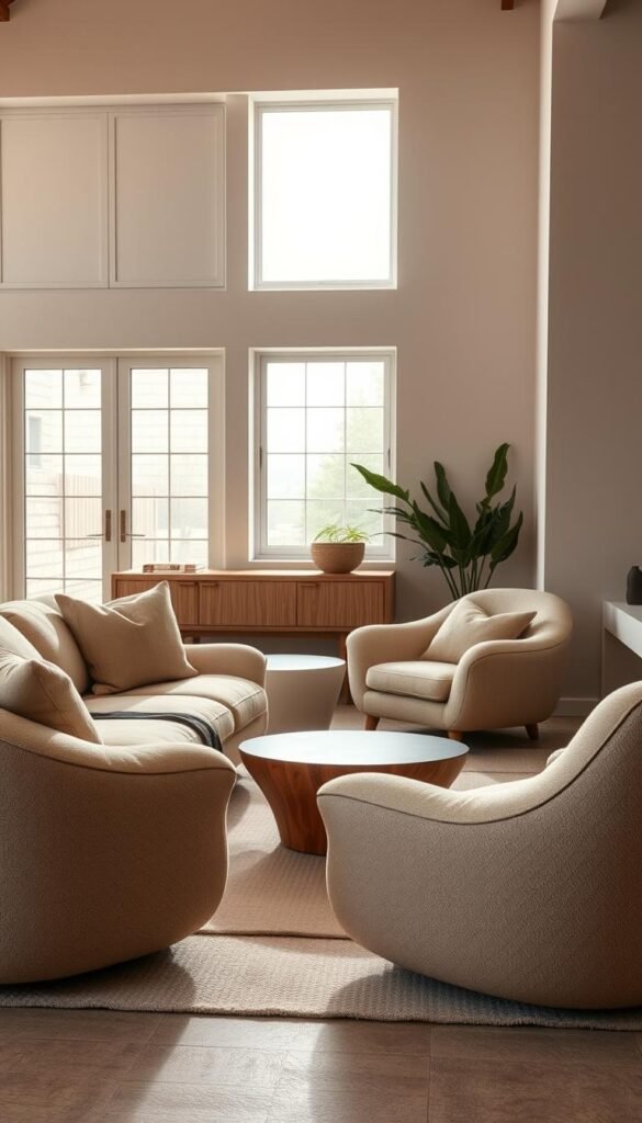 A cozy, modern living room with comfortable organic furniture and soft, inviting shapes. In the foreground, a plush, overstuffed sofa with gentle curves and a neutral, textured upholstery. Beside it, a curved armchair with a thick, cushioned seat and backrest. In the middle ground, a low, organic-shaped coffee table with a smooth, natural wood surface. Soft, diffused lighting from large windows creates a warm, welcoming ambiance. The scene is set against a minimalist, neutral-toned backdrop, allowing the furniture to take center stage. An atmosphere of relaxation and effortless style pervades the space.