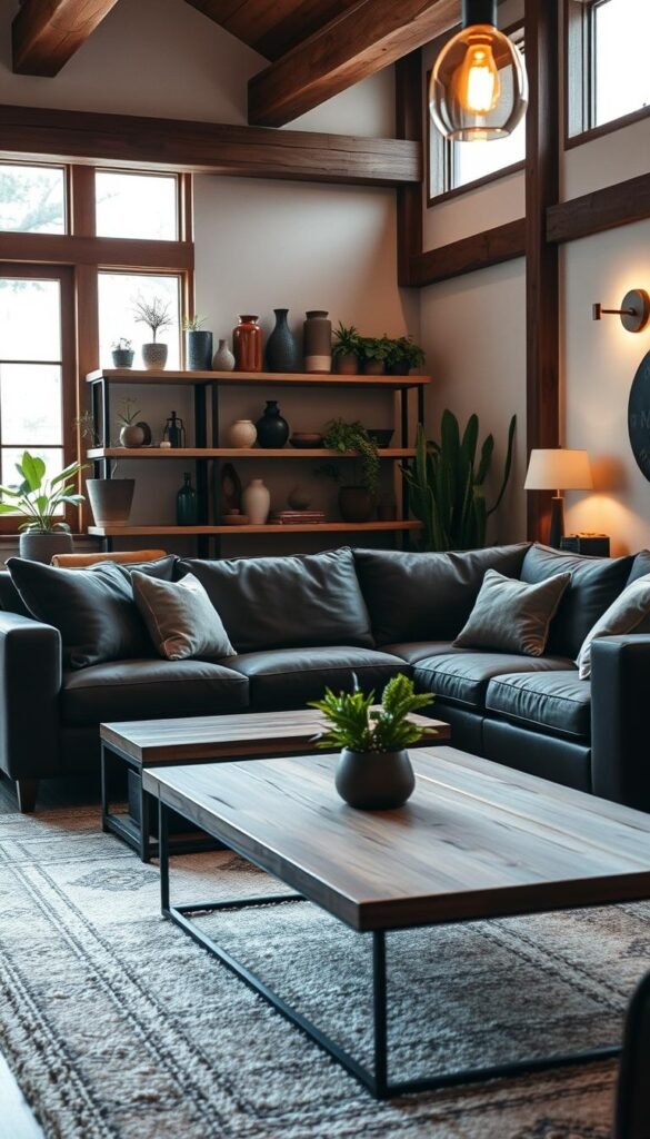 A cozy modern rustic living room with a dark brown sectional sofa, warm ambient lighting, and a blend of natural wood, distressed leather, and muted textiles. In the foreground, a low wooden coffee table with a minimalist design sits atop a plush area rug. In the middle ground, floating shelves display a curated collection of potted plants, artisanal pottery, and rustic decorative pieces. The background features large windows allowing natural light to flood the space, complemented by a mix of pendant and sconce lighting fixtures casting a soft, inviting glow. The overall atmosphere is one of relaxed sophistication, blending contemporary and vintage elements for a harmonious, lived-in aesthetic.