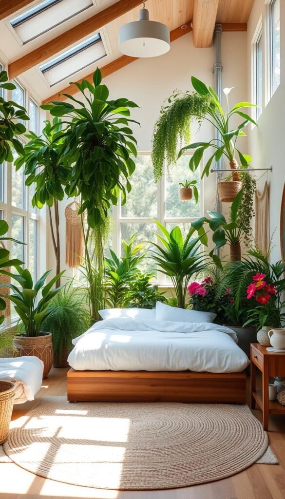 A cozy, nature-inspired bedroom with abundant natural light streaming through large windows. The focal point is a lush, verdant indoor garden with towering potted plants, ferns, and vibrant flowers that create a soothing, biophilic ambiance. The space features natural wood furniture, including a low-profile platform bed with crisp white linens, and a wooden nightstand. Soft, earthy tones in the textiles and accents, such as a woven area rug and macrame wall hangings, complement the organic aesthetic. The lighting is a combination of warm, indirect overhead lighting and dappled sunlight, creating a tranquil, rejuvenating atmosphere perfect for relaxation.