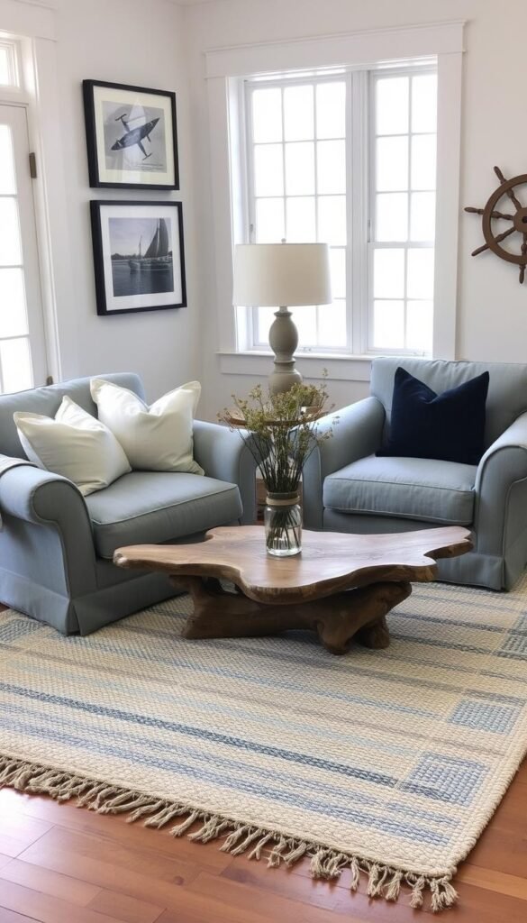 A cozy nautical seating area with plush, textured fabrics and natural materials. A pair of overstuffed armchairs in a muted blue-gray hue, accented with ivory and navy throw pillows. A low, driftwood-inspired coffee table sits between the chairs, topped with a dainty vase of fresh wildflowers. A thick, hand-woven area rug in shades of blue and white covers the hardwood floor, tying the space together. Soft, diffused lighting filters in through large windows, casting a warm glow across the space. The walls are adorned with framed maritime artwork and a decorative ship's wheel, completing the serene, seaside ambiance. A cozy nautical seating area with plush, textured fabrics and natural materials. A pair of overstuffed armchairs in a muted blue-gray hue, accented with ivory and navy throw pillows. A low, driftwood-inspired coffee table sits between the chairs, topped with a dainty vase of fresh wildflowers. A thick, hand-woven area rug in shades of blue and white covers the hardwood floor, tying the space together. Soft, diffused lighting filters in through large windows, casting a warm glow across the space. The walls are adorned with framed maritime artwork and a decorative ship's wheel, completing the serene, seaside ambiance.