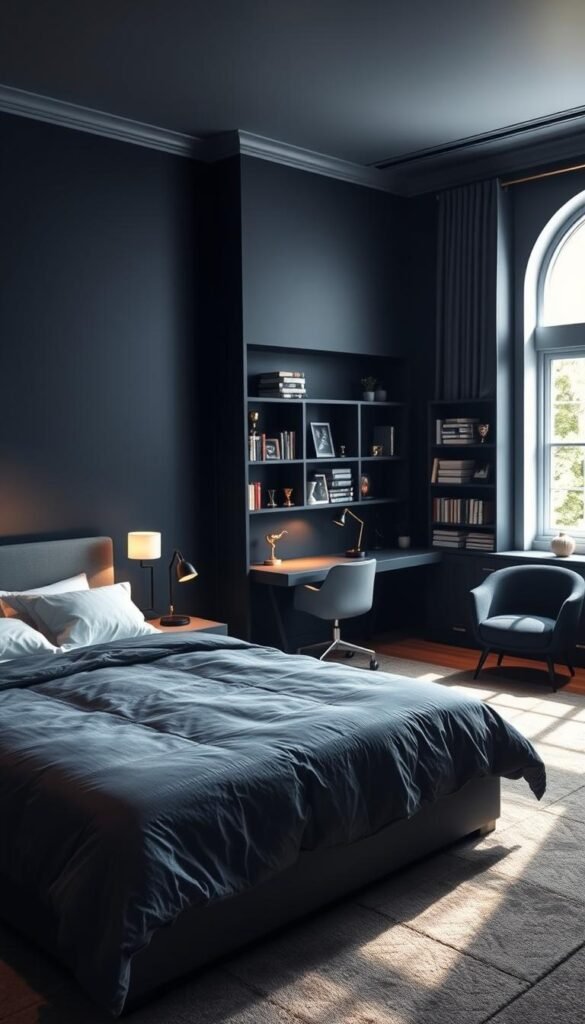 A cozy navy gray teenage boy's bedroom illuminated by a warm, inviting glow. The walls are painted in a deep, rich navy blue, creating a calming, sophisticated atmosphere. In the foreground, a plush, textured gray duvet covers a modern platform bed, accented by crisp white linens and sleek nightstands. A large window floods the room with natural light, casting soft shadows across the space. In the middle ground, a minimalist desk and chair setup in shades of gray provide a functional workspace, while a navy blue accent chair adds a touch of elegance. The background features built-in shelves displaying treasured books, trophies, and personal mementos, reflecting the owner's interests and personality.