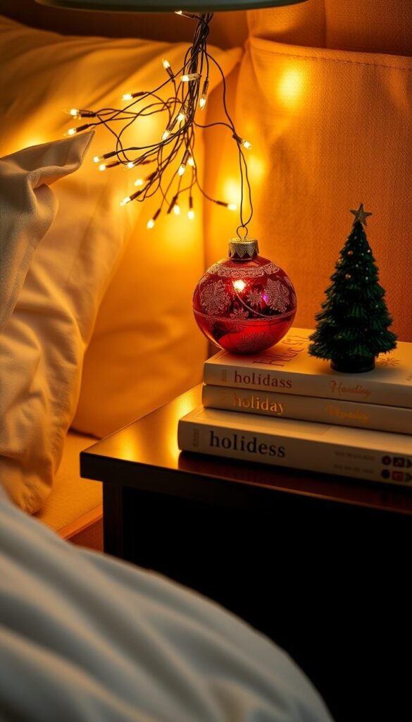 A cozy nightstand adorned with a cluster of warm, twinkling string lights, casting a soft, inviting glow. Atop the nightstand, an elegant, hand-crafted glass ornament in a festive red hue reflects the light, adding a touch of holiday cheer. Nearby, a stack of holiday-themed books, their spines adorned with gold-embossed designs, sits alongside a small, porcelain figurine of a Christmas tree. The nightstand is set against a backdrop of a plush, neutral-toned bedding, creating a serene, harmonious atmosphere. Soft, directional lighting illuminates the scene, highlighting the delicate textures and subtle details of the holiday accents.