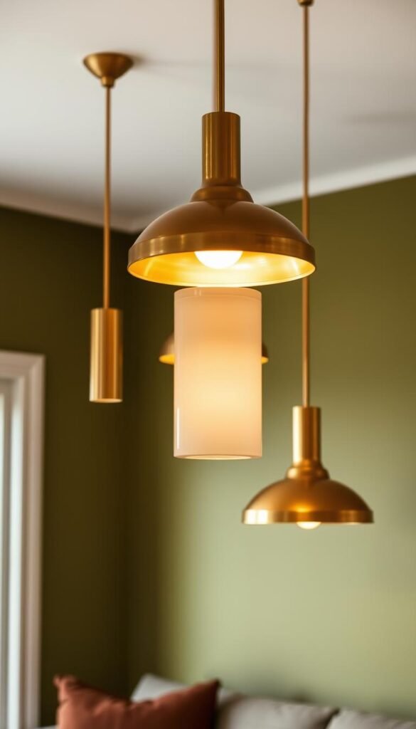 A cozy olive green living room with a trio of elegant brass pendant lamps hanging from the ceiling, casting a warm, earthy glow throughout the space. The fixtures feature sleek, cylindrical shapes with gentle curves, their surfaces polished to a gleaming finish. Soft, diffused light filters through the shades, creating a serene, inviting ambiance that complements the room's natural color palette. In the background, the walls are painted in a rich, muted olive tone, adding depth and texture to the scene. The overall effect is one of tranquility and sophistication, perfectly suited for an earthy, eco-chic interior.