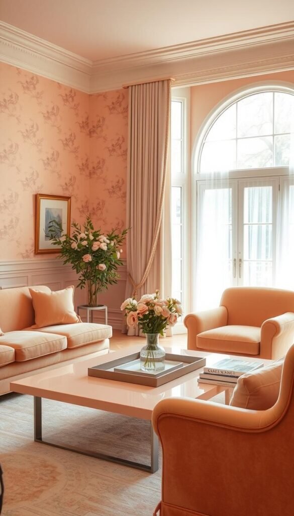 A cozy peach-hued living room with soft, warm lighting. In the foreground, a plush peach-colored sofa and a pair of velvet armchairs. On the walls, elegant peach-toned wallpaper with delicate floral patterns. In the middle ground, a peach-toned coffee table with minimalist decor elements - a vase of fresh flowers, a decorative tray, and a stack of books. In the background, a large window letting in natural light, creating a serene and inviting atmosphere. The overall mood is one of tranquility and refined sophistication.