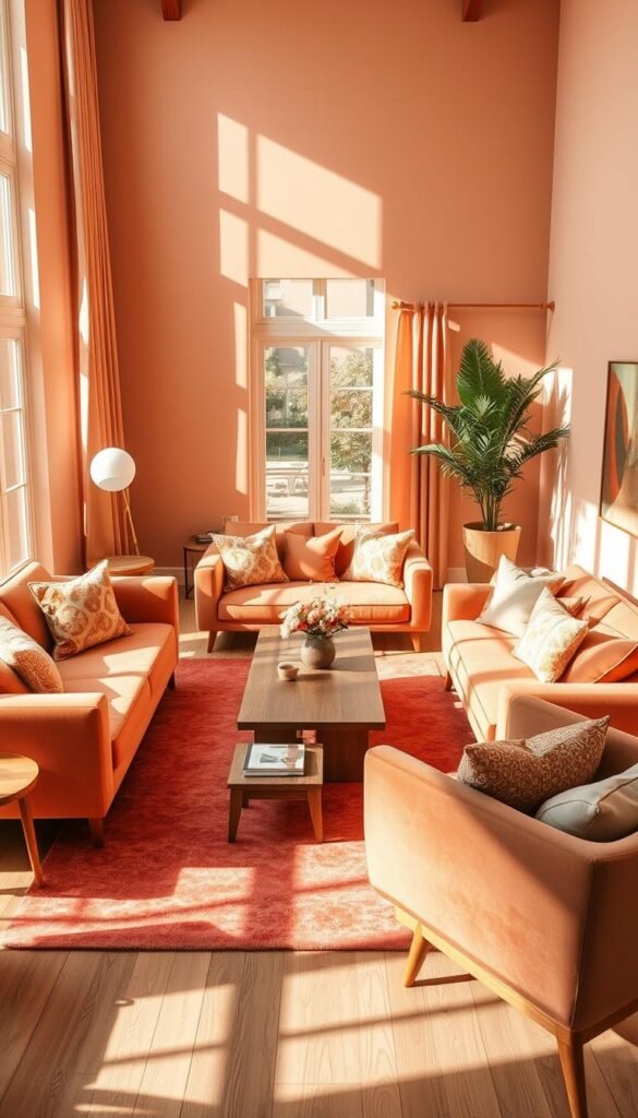 A cozy peach-toned living room, bathed in warm, natural light filtering through large windows. Plush velvet sofas and armchairs in shades of peach, apricot, and coral create a harmonious color palette. Accents of creamy whites, golden yellows, and subtle hints of terracotta are woven throughout the space, complementing the peach tones. A statement peach-colored rug grounds the room, while decorative throw pillows in complementary patterns add depth and texture. Bespoke wooden furniture, including a mid-century inspired coffee table and side tables, lend a modern yet timeless feel. Gentle shadows cast by the natural lighting create a serene, inviting atmosphere, perfect for relaxation and entertaining.