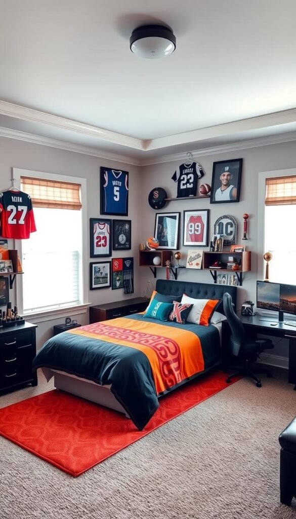 A cozy, personalized teen bedroom with sports-themed decor. A spacious room with soft, natural lighting from large windows. The focal point is a king-size bed with a vibrant, athletic-inspired bedspread and coordinating pillows. Hanging on the walls are framed jerseys, signed photos, and sports memorabilia showcasing the occupant's favorite teams and athletes. Shelves display trophies, medals, and sports equipment. A sleek, modern desk with a powerful gaming setup sits in the corner, ready for intense gameplay. The room exudes a sense of youthful passion and individuality, reflecting the teen's unique interests and personality.