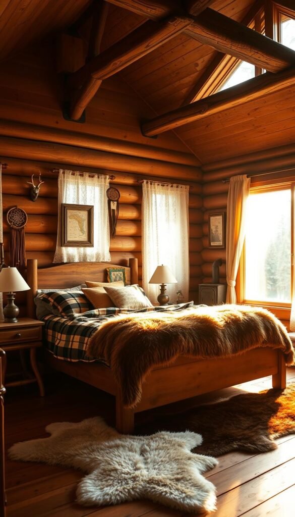 A cozy rustic bedroom in a secluded wilderness cabin, bathed in warm golden light filtering through lace curtains. The bed is dressed in plaid and fur textiles, complemented by a wooden headboard and side tables with antler-shaped legs. On the walls, mounted deer antlers, a dreamcatcher, and a vintage map frame add to the natural, outdoorsy ambiance. In the corner, a small wood-burning stove casts a soft glow, while a large window overlooks a tranquil forest landscape. Wooden floorboards, exposed beams, and a fur rug underfoot complete the cabin-chic aesthetic, creating a serene and inviting retreat.