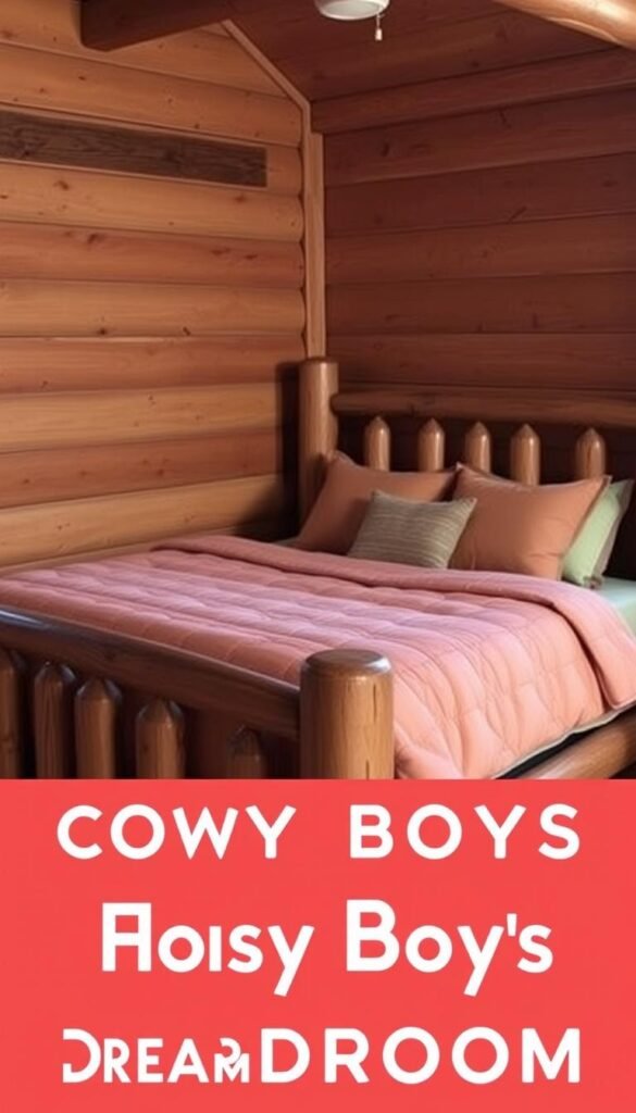 A cozy rustic cabin bedroom, featuring a sturdy wooden bed frame with a plush, inviting mattress adorned with soft, earthy-toned bedding. The bedding is composed of a quilted comforter in warm, muted tones, complemented by throw pillows in complementary hues. The bed is set against a backdrop of natural wood paneling, creating a warm, cabin-like ambiance. Soft, diffused lighting filters through the room, casting a gentle glow and enhancing the welcoming atmosphere. The overall scene evokes a sense of comfort, relaxation, and the quintessential charm of a cozy cabin retreat, perfect for a young boy's dream bedroom.