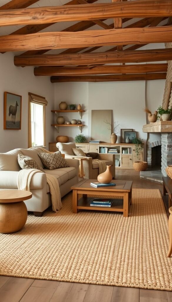 A cozy, rustic living room with a neutral earth-toned color palette. In the foreground, a plush, beige sofa adorned with woven throw pillows and a knitted blanket. Warm wooden furniture, including a weathered coffee table and end tables, set the tone. The middle ground features a large, woven area rug in muted shades of tan and olive green. Along the walls, natural-toned artwork and shelves holding ceramic vases and potted plants create a tranquil ambiance. Soft, diffused lighting filters through the room, casting a serene glow. The background showcases exposed wooden beams and a stone fireplace, emanating a sense of timeless, country charm. A cozy, rustic living room with a neutral earth-toned color palette. In the foreground, a plush, beige sofa adorned with woven throw pillows and a knitted blanket. Warm wooden furniture, including a weathered coffee table and end tables, set the tone. The middle ground features a large, woven area rug in muted shades of tan and olive green. Along the walls, natural-toned artwork and shelves holding ceramic vases and potted plants create a tranquil ambiance. Soft, diffused lighting filters through the room, casting a serene glow. The background showcases exposed wooden beams and a stone fireplace, emanating a sense of timeless, country charm.