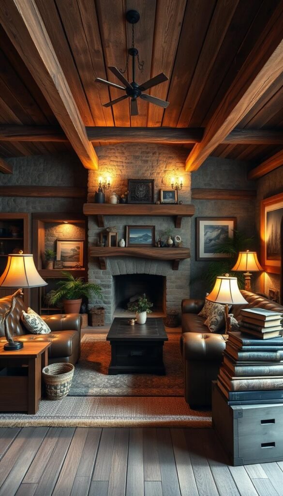 A cozy rustic living room with abundant character from floor to ceiling. An old-fashioned wood-burning fireplace anchors the space, its mantel adorned with vintage curiosities. Weathered wood beams stretch across the ceiling, casting a warm glow from antique sconces. Plush leather armchairs and a tufted sofa invite relaxation, surrounded by natural fiber rugs and potted plants. Wooden end tables hold gnarled tree branch lamps, their soft light illuminating framed nature prints on the walls. Wooden crates, woven baskets, and a worn leather-bound book stack add layers of texture and depth. Gentle shadows play across the scene, creating a serene, inviting atmosphere. A cozy rustic living room with abundant character from floor to ceiling. An old-fashioned wood-burning fireplace anchors the space, its mantel adorned with vintage curiosities. Weathered wood beams stretch across the ceiling, casting a warm glow from antique sconces. Plush leather armchairs and a tufted sofa invite relaxation, surrounded by natural fiber rugs and potted plants. Wooden end tables hold gnarled tree branch lamps, their soft light illuminating framed nature prints on the walls. Wooden crates, woven baskets, and a worn leather-bound book stack add layers of texture and depth. Gentle shadows play across the scene, creating a serene, inviting atmosphere.
