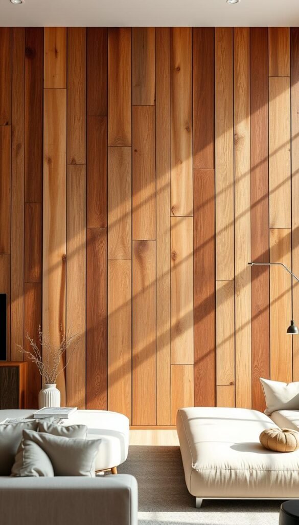 A cozy, rustic wall panel made of reclaimed wooden planks in warm, earthy tones. The panels have a weathered, distressed appearance, with visible knots, cracks, and uneven surfaces that add character. The lighting is soft and natural, casting subtle shadows that highlight the texture and grain of the wood. The wall is set in a bright, airy living room, with large windows that let in plenty of natural light. The overall atmosphere is one of relaxed, inviting charm, perfectly complementing the modern furnishings and decor.