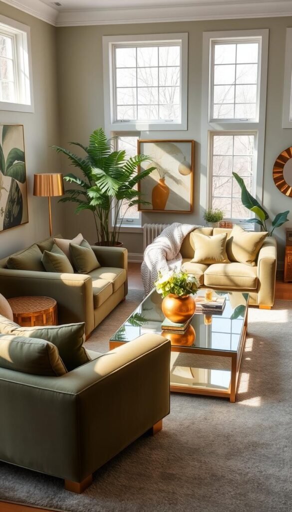 A cozy sage green living room with warm metallic accents. Soft, natural light filters through large windows, creating a serene ambiance. Plush velvet sofas in a deep olive hue anchor the space, complemented by gleaming brass side tables and a sleek, mirrored coffee table that reflects the light. Shimmering gold and copper toned accessories, including a statement floor lamp and a decorative mirror, add a touch of glamour. The walls are adorned with abstract art in earthy tones, while a chunky knit throw and lush potted plants bring organic textures. A sumptuous, high-pile rug in a muted sage green tone ties the room together, creating a harmonious, sophisticated atmosphere.