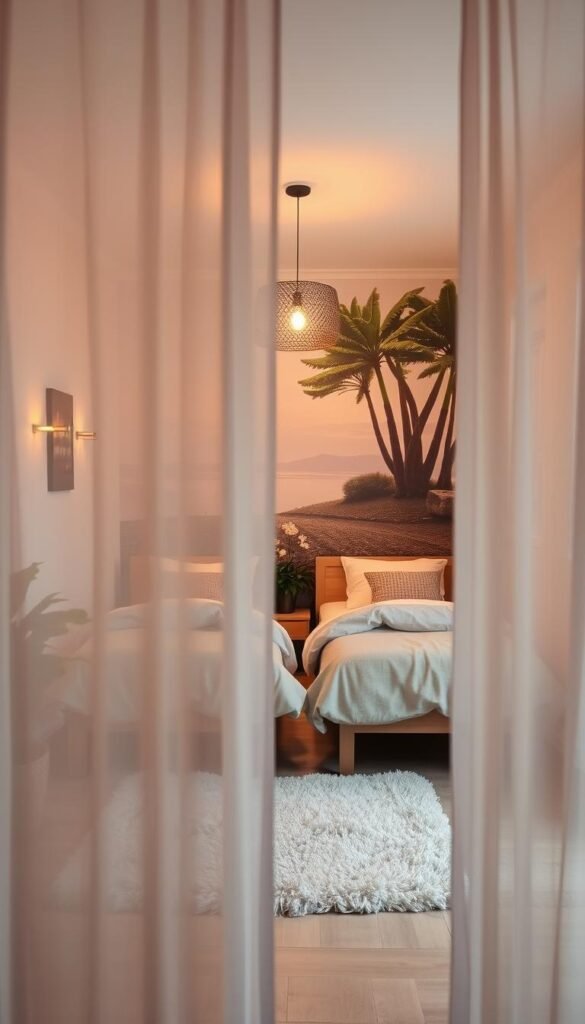 A cozy shared bedroom with a sense of privacy. In the foreground, a partition made of sheer fabric creates a soft, intimate space. The middle ground showcases a pair of twin beds with coordinating bedding, arranged to face each other. Warm lighting from sconces and a pendant fixture casts a soothing glow, while potted plants and a plush rug add natural touches. The background features a wall mural depicting a serene nature scene, complementing the overall peaceful atmosphere. The overall composition conveys a harmonious balance between individual privacy and shared living.