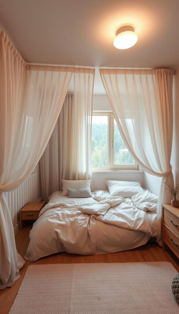 A cozy shared bedroom with soft, sheer curtains gently draping across the space, creating pockets of privacy. Minimalist wood furniture and natural textures evoke a serene, Scandinavian-inspired ambiance. Gentle overhead lighting casts a warm, diffused glow, while a large window floods the room with natural light. Plush bedding and textiles in muted tones establish a tranquil, nest-like atmosphere, perfect for restful, undisturbed slumber. The curtains seamlessly blend with the decor, subtly defining personal sleeping areas without compromising the open, airy feel of the shared space.