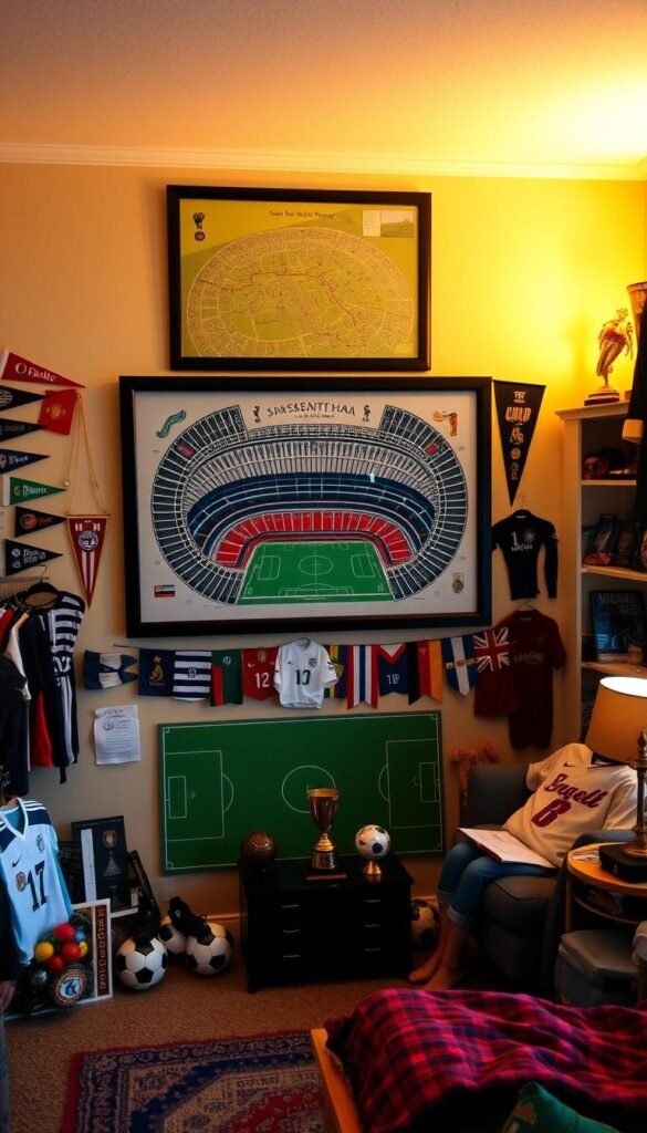 A cozy soccer-themed room with a vibrant energy. The foreground features a large, framed map of a renowned soccer stadium, its lines and contours casting a warm glow. Surrounding it, an eclectic collection of pennants and flags from various teams and leagues, creating a personalized mosaic of fandom. The middle ground showcases neatly arranged soccer memorabilia, jerseys, and trophies, telling the story of a dedicated fan's journey. Soft, ambient lighting sets the mood, while the background reveals tasteful soccer-themed decor, hinting at the owner's passion for the sport. An immersive and inspirational space for any future soccer champion.