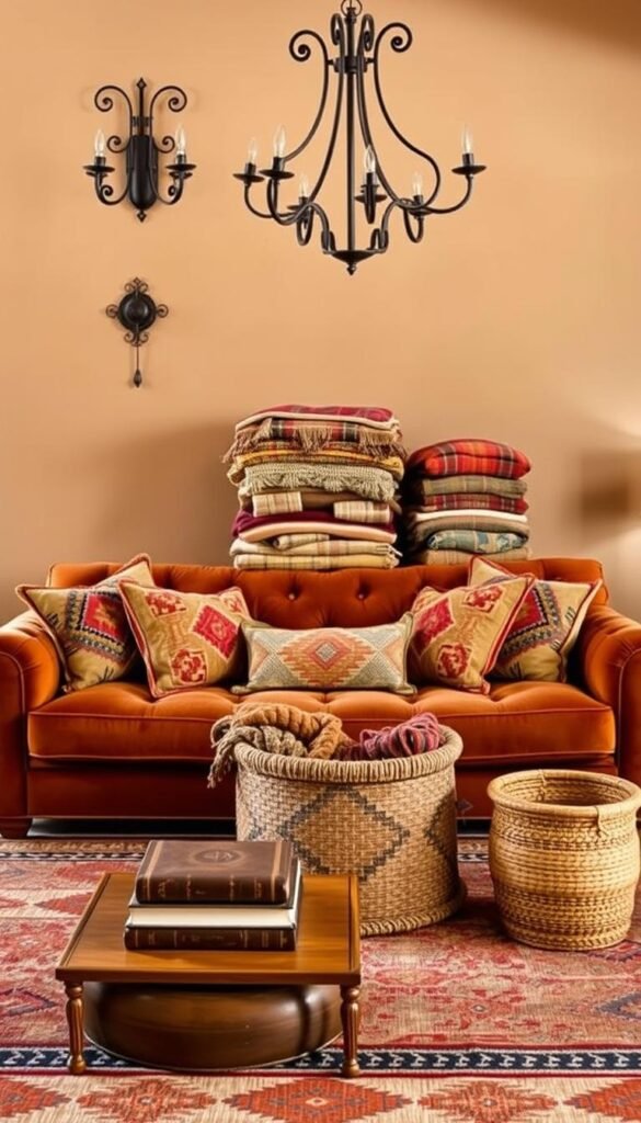 A cozy southwest living room with layers of woven textiles in warm desert tones. In the foreground, a plush, tufted velvet sofa adorned with patterned throw pillows in muted oranges, reds, and ochres. Atop a vintage Navajo-inspired rug, a wooden coffee table displays a stack of well-worn leather-bound books. In the middle ground, a tall, woven basket overflows with neatly folded textiles - plaid blankets, knit throws, and intricately embroidered cushions. The background features a smooth adobe wall, casting a soft, diffused light across the scene. Ornate metal sconces and a wrought-iron chandelier illuminate the cozy space, evoking the rustic charm of the American Southwest.