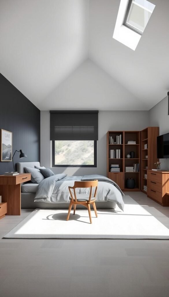 A cozy, spacious boys' bedroom with a monochromatic color scheme. The room features a large bed with plush gray bedding, complemented by a charcoal gray accent wall. A minimalist wooden desk and chair sit in the foreground, while a tall bookshelf with monochrome accessories fills the middle ground. Natural light streams in through a large window, creating a calming, airy atmosphere. The floor is covered in a soft, neutral-toned rug, and the overall design emphasizes clean lines and a sense of tranquility, making the space feel both practical and visually expansive.