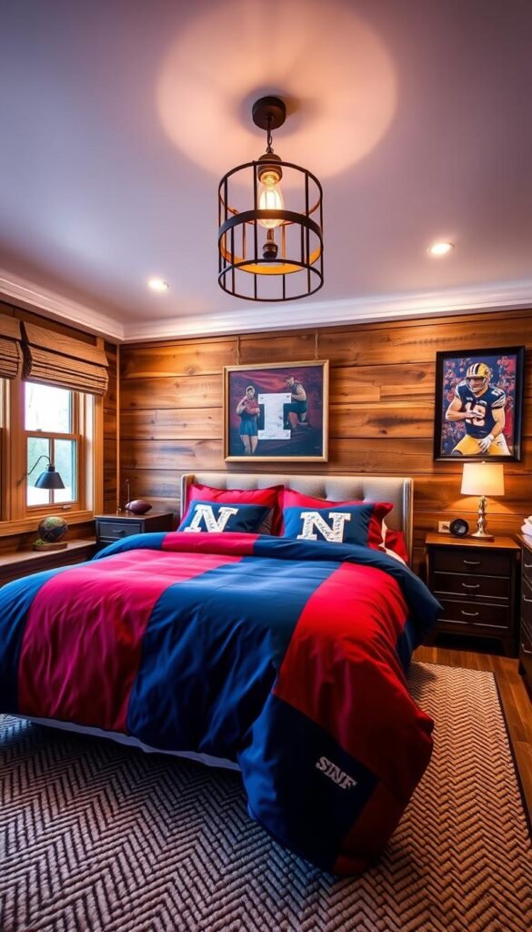 A cozy sports bedroom with vibrant textiles and inviting textures. In the foreground, a plush comforter in a bold team color pattern, complemented by matching throw pillows. In the middle ground, a knit area rug in a herringbone design, soft and durable. The background features wooden wall paneling with athletic-themed artwork, creating a warm, rustic atmosphere. Overhead, a vintage-inspired pendant light casts a soft, ambient glow, enhancing the intimate, den-like setting. Indirect lighting from hidden sources adds depth and dimension, while large windows allow natural light to filter in, creating a welcoming, relaxing space for a passionate sports fan.