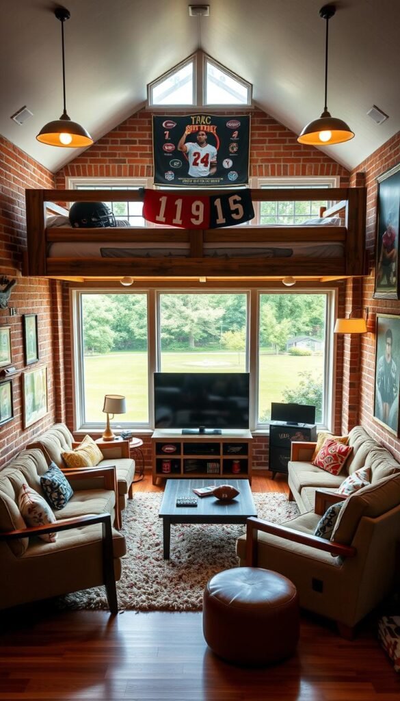 A cozy sports-themed loft bed lounge zone, bathed in warm, natural light from large windows overlooking a verdant backyard. The bed frame is made of distressed wood, adorned with sports memorabilia and team banners. Plush beige sofas and armchairs surround a coffee table, inviting guests to lounge and watch the big game. Posters of iconic athletes and sports teams line the exposed brick walls, while a high-definition TV takes center stage. The space is further enhanced by hardwood floors, pendant lighting, and a shag rug in team colors. An overall atmosphere of relaxation and camaraderie pervades the scene, perfect for hosting sleepovers and gatherings of sports enthusiasts.