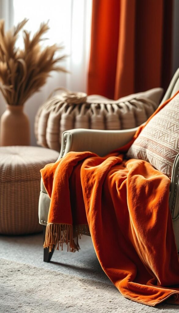 A cozy still life featuring a selection of burnt orange textiles. In the foreground, a plush velvet throw blanket drapes over a vintage armchair, its rich hue echoed in the soft lighting. In the middle ground, a woven pouf and patterned lumbar pillow add layers of texture and warmth. The background is softly blurred, allowing the textiles to take center stage. Gentle shadows and highlights create depth and dimension, while the overall mood is one of autumn comfort and inviting coziness.